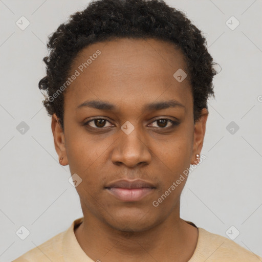 Neutral black young-adult female with short  black hair and brown eyes