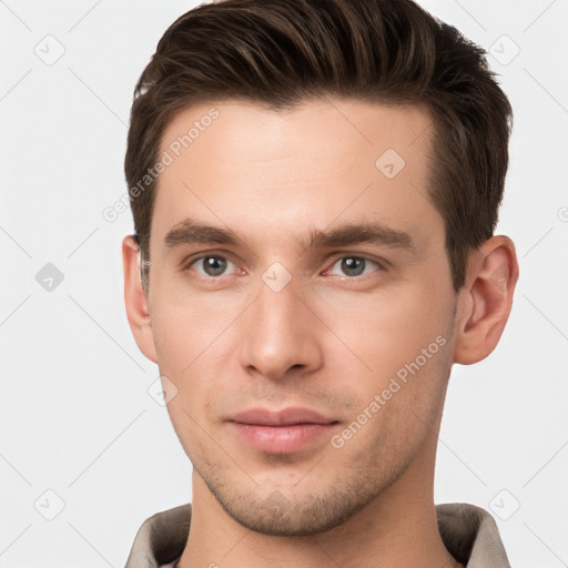 Neutral white young-adult male with short  brown hair and brown eyes