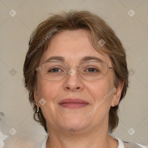 Joyful white adult female with medium  brown hair and brown eyes