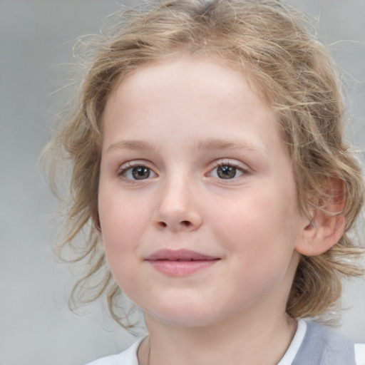 Joyful white child female with medium  brown hair and blue eyes