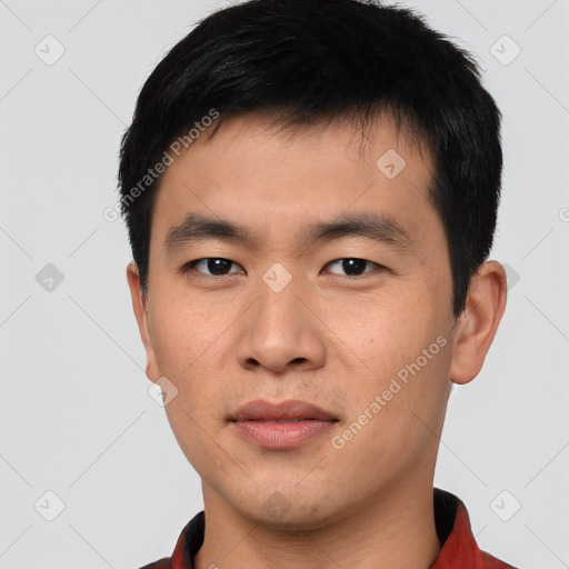 Neutral asian young-adult male with short  black hair and brown eyes