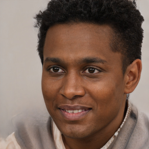 Joyful black young-adult male with short  brown hair and brown eyes
