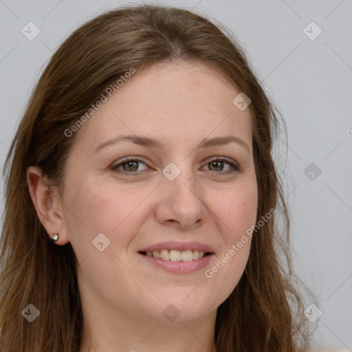 Joyful white young-adult female with long  brown hair and grey eyes