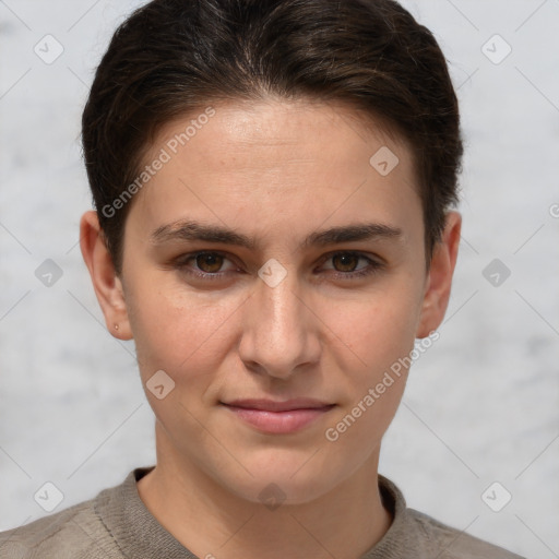 Joyful white young-adult female with short  brown hair and grey eyes