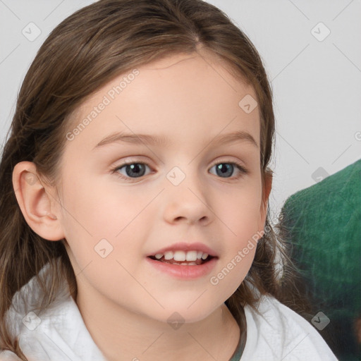 Joyful white child female with medium  brown hair and brown eyes