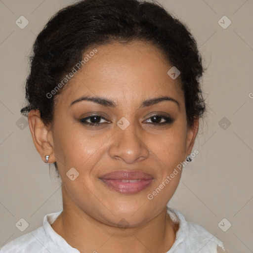 Joyful latino young-adult female with short  brown hair and brown eyes