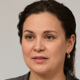 Joyful white adult female with medium  brown hair and grey eyes