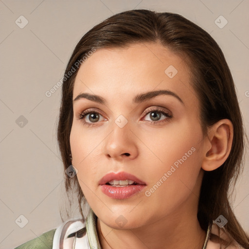 Neutral white young-adult female with medium  brown hair and brown eyes