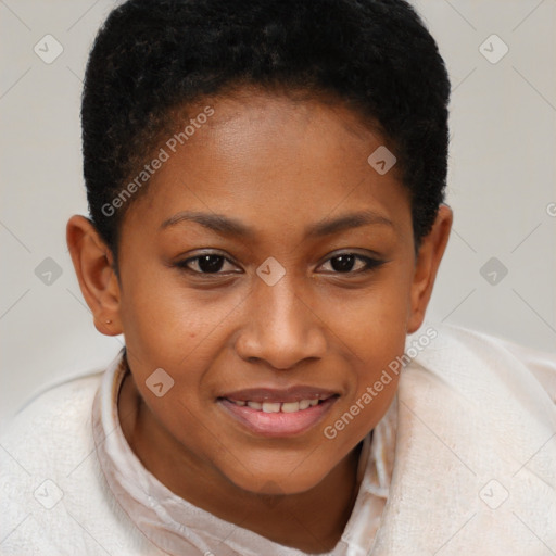 Joyful black young-adult female with short  brown hair and brown eyes