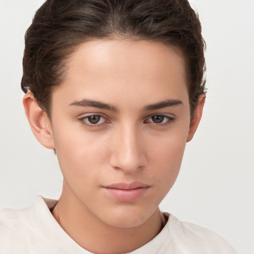 Neutral white young-adult female with short  brown hair and brown eyes