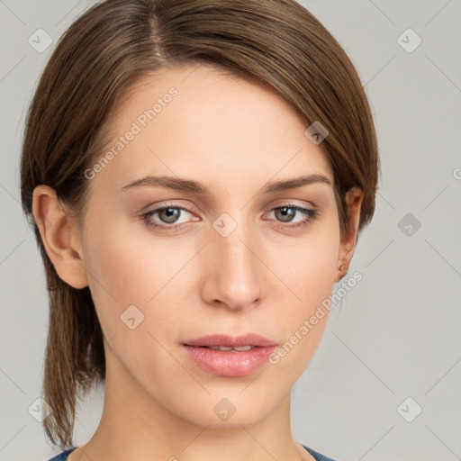 Neutral white young-adult female with medium  brown hair and grey eyes