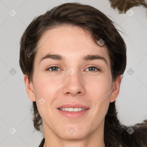 Joyful white young-adult female with medium  brown hair and grey eyes