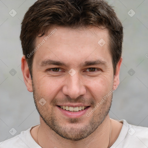 Joyful white young-adult male with short  brown hair and brown eyes