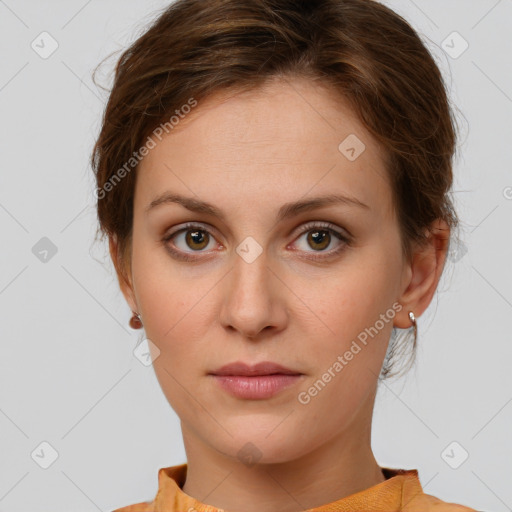 Neutral white young-adult female with medium  brown hair and green eyes