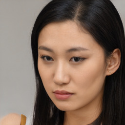 Neutral asian young-adult female with long  brown hair and brown eyes