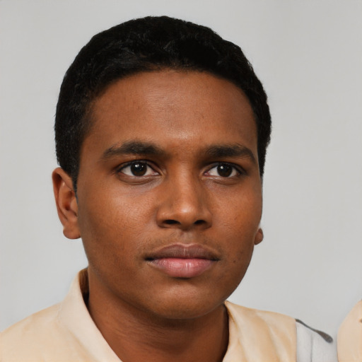 Neutral black young-adult male with short  black hair and brown eyes