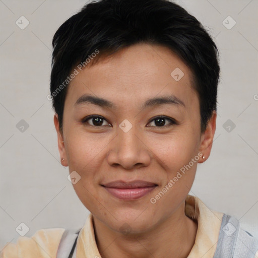 Joyful asian young-adult female with short  black hair and brown eyes