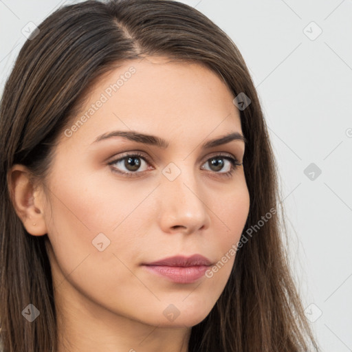 Neutral white young-adult female with long  brown hair and brown eyes