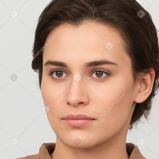 Neutral white young-adult female with medium  brown hair and brown eyes