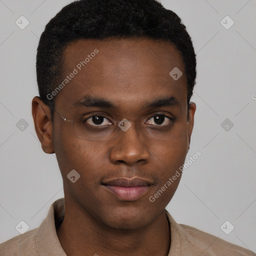 Neutral black young-adult male with short  black hair and brown eyes