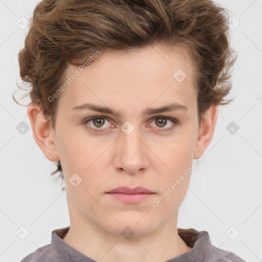 Neutral white young-adult female with short  brown hair and brown eyes