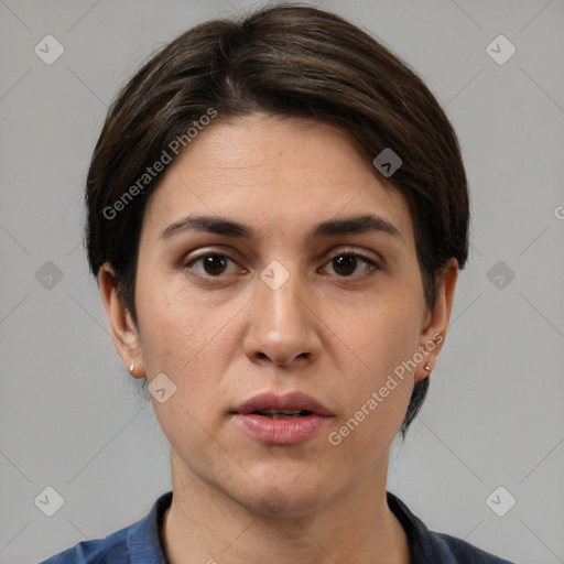 Neutral white young-adult female with short  brown hair and brown eyes