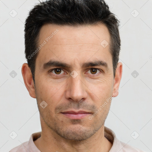 Neutral white adult male with short  brown hair and brown eyes