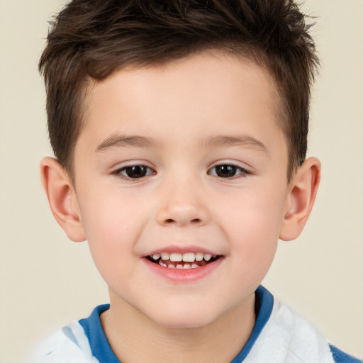 Joyful white child male with short  brown hair and brown eyes