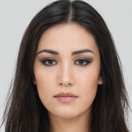 Neutral asian young-adult female with long  brown hair and brown eyes
