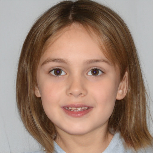 Joyful white child female with medium  brown hair and brown eyes