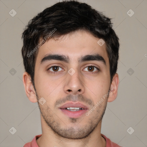 Neutral white young-adult male with short  brown hair and brown eyes