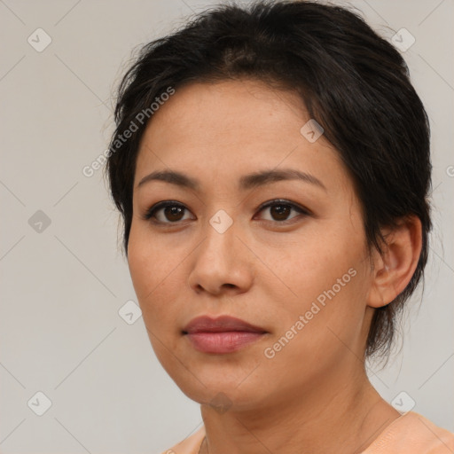 Neutral asian young-adult female with medium  brown hair and brown eyes