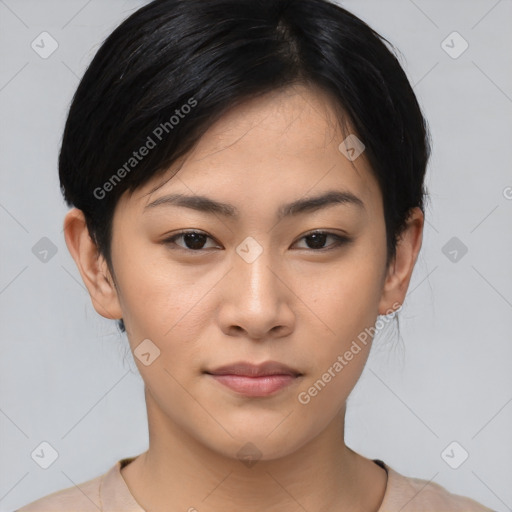 Neutral asian young-adult female with medium  black hair and brown eyes
