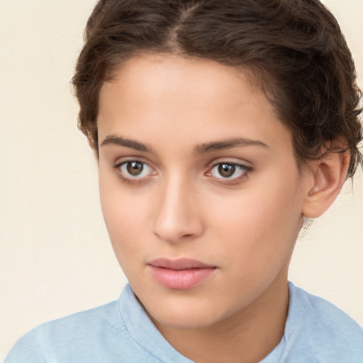 Neutral white young-adult female with short  brown hair and brown eyes