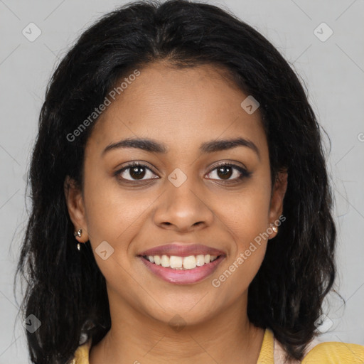 Joyful latino young-adult female with long  brown hair and brown eyes