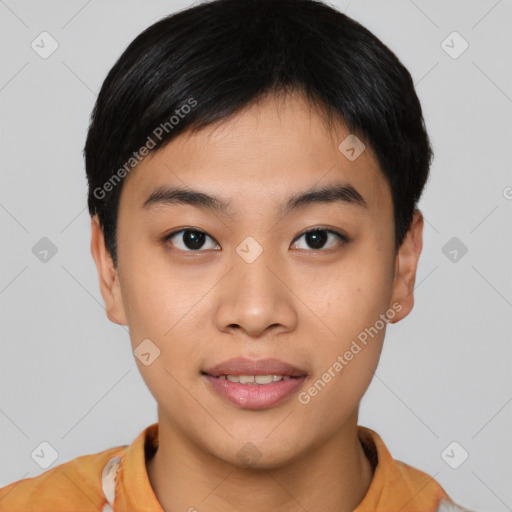 Joyful asian young-adult female with short  brown hair and brown eyes