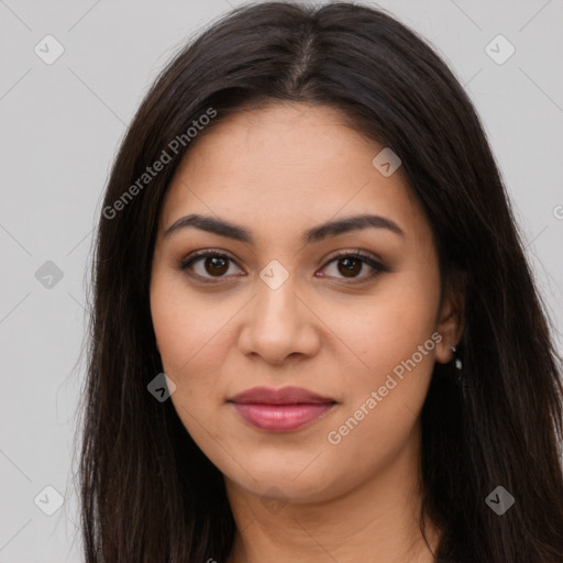 Joyful latino young-adult female with long  brown hair and brown eyes