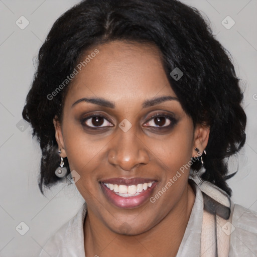 Joyful latino young-adult female with medium  black hair and brown eyes