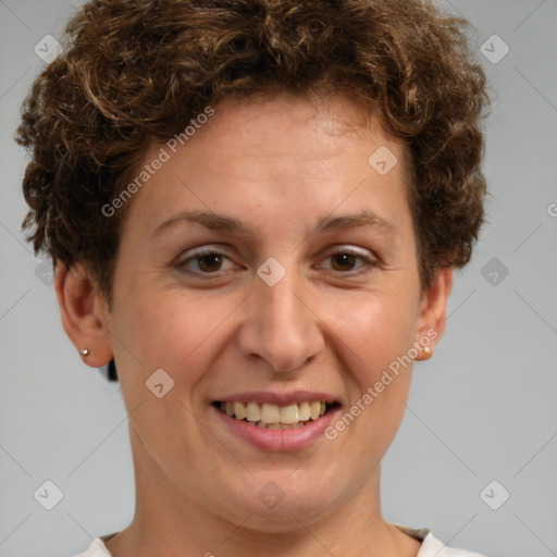 Joyful white adult female with short  brown hair and brown eyes