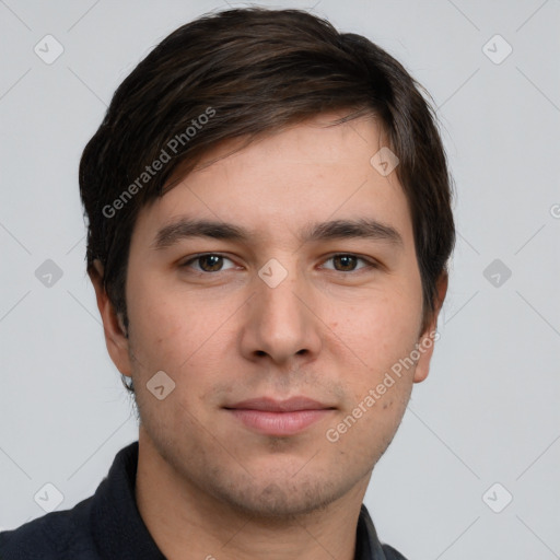 Neutral white young-adult male with short  brown hair and brown eyes