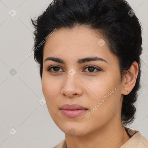 Joyful latino young-adult female with medium  brown hair and brown eyes