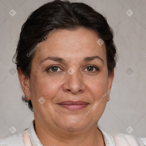 Joyful white adult female with short  brown hair and brown eyes