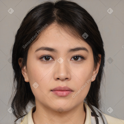 Neutral white young-adult female with medium  brown hair and brown eyes