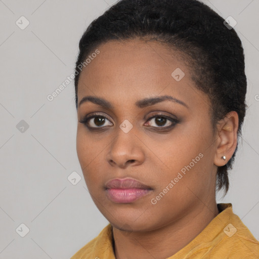 Neutral black young-adult female with long  black hair and brown eyes