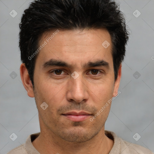 Neutral white young-adult male with short  black hair and brown eyes