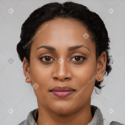 Joyful latino young-adult female with short  brown hair and brown eyes