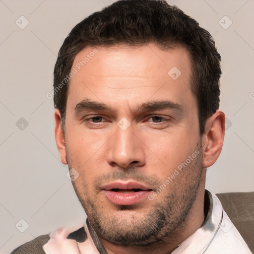 Neutral white young-adult male with short  brown hair and brown eyes