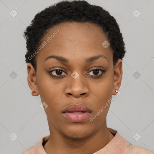 Neutral black young-adult female with short  black hair and brown eyes