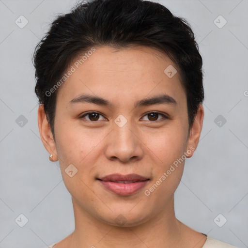 Joyful white young-adult female with short  brown hair and brown eyes