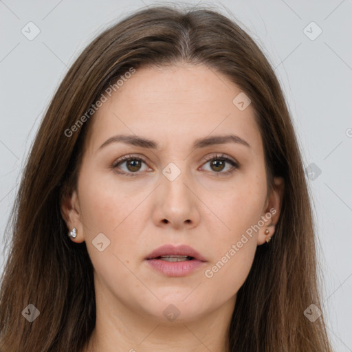 Neutral white young-adult female with long  brown hair and brown eyes